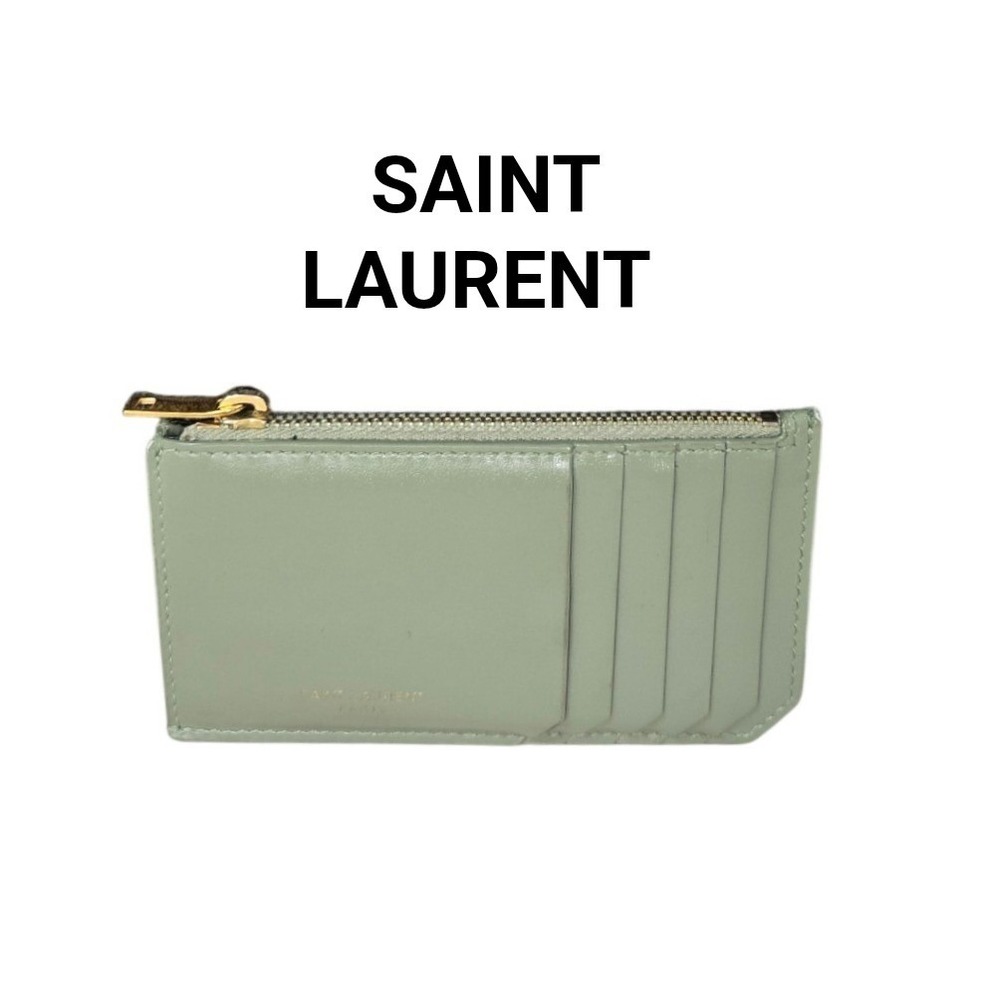 Saint Laurent Fragments Zipped Card Case Sage Green Leather Gold Hardware Italy
